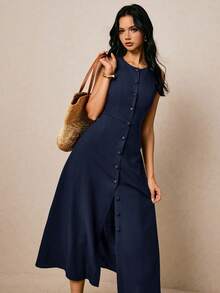 Poéselle Vacation Casual Solid Color Front Button Sleeveless Dress - Navy Blue - View 7