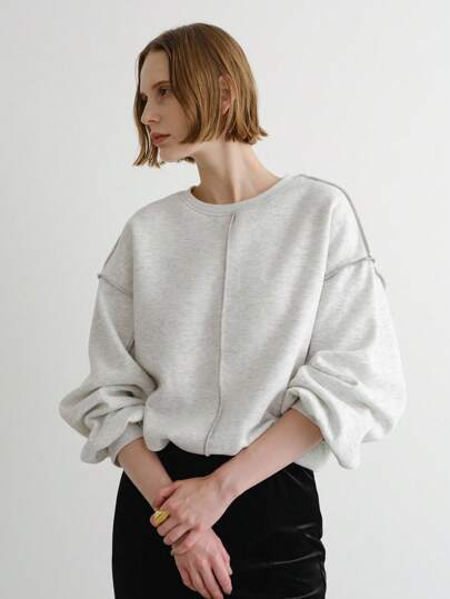 FRIFUL Women's Crew Neck Contrast Stitching Loose Fit Thermal Lined Thick Sweatshirt Grey Oversized Top Oversized Sweatshirt Puff Sleeve Sweatshirt Women Sweatshirts Light Grey Sweatshirt Fall/Winter