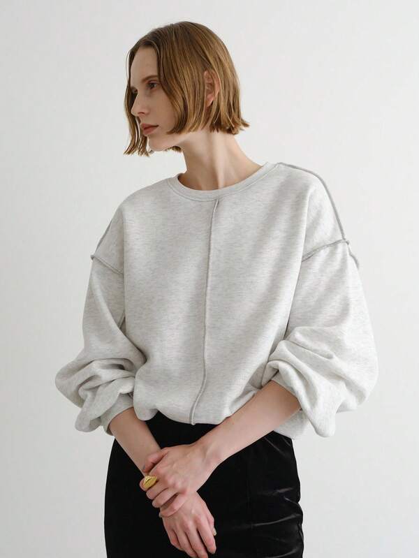 FRIFUL Women's Crew Neck Contrast Stitching Loose Fit Thermal Lined Thick Sweatshirt Grey Oversized Top Oversized Sweatshirt Puff Sleeve Sweatshirt Women Sweatshirts Light Grey Sweatshirt Fall/Winter