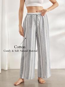 Ocili 休闲女士舒适棉质抽绳腰宽松条纹长款休闲裤，家居服下装，秋季 - 藏蓝色 - 查看 1