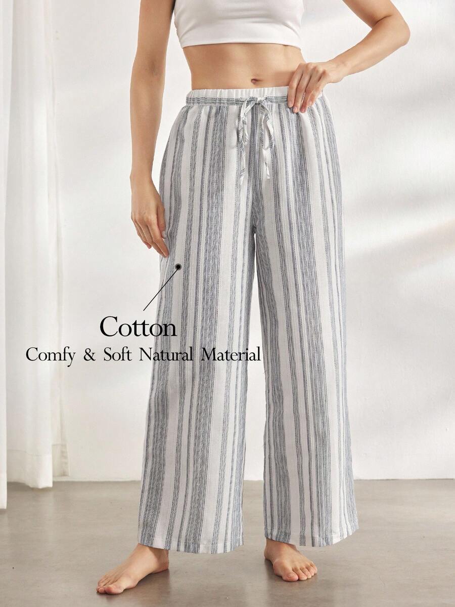 Ocili 休闲女士舒适棉质抽绳腰宽松条纹长款休闲裤，家居服下装，秋季 - 藏蓝色 - 查看 1