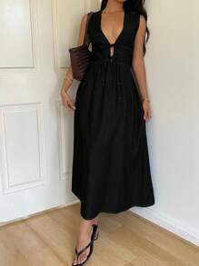 Siren Gaze Vestido vaquero sin mangas con cordones en la cintura, casual de verano para mujer