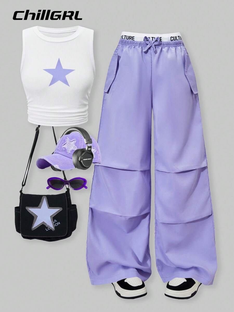 SHEIN ChillGRL 两件套少女星形印花抽绳上衣和撞色工装口袋裤，适合春夏休闲穿着，夏季假期必备。 - 紫色 - 查看 1