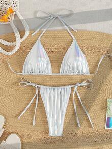 Swim Basics Summer Beach Metallic Halter Triangle Tie Side Bikini Set - Silver - View 6