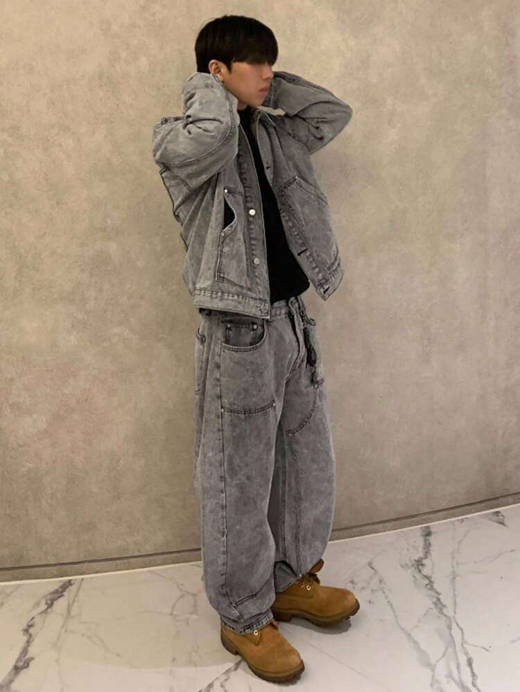 Men's Solid Color Washed Denim Suit, Autumn