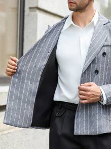 Manfinity Bizformal Men's Casual Commuter Striped Mandarin Collar Double-Breasted Suit Jacket, Autumn Sumwon Flannel - Grey - View 6