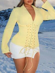 Zolique Fashionable Fitted Jacket With Drawstring And Eyelet Trim Fall Winter Cloth For Women - Yellow - View 6