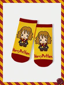HARRY POTTER X SHEIN 1双女式卡通人物图案拼色踝袜 - 黃色 - 查看 1