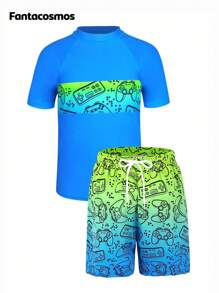 Tween Boys Swimwear Set: Short Sleeve Rashguard Top Paired With Beach Shorts, Casual Sports Swimsuit For Summer Summer Holiday Boys Rash Guard Swim Set With Swim Trunks Bathing Suit Long Sleeve Swim Shirt Quick Dry Swimsuit Kids Swimwear