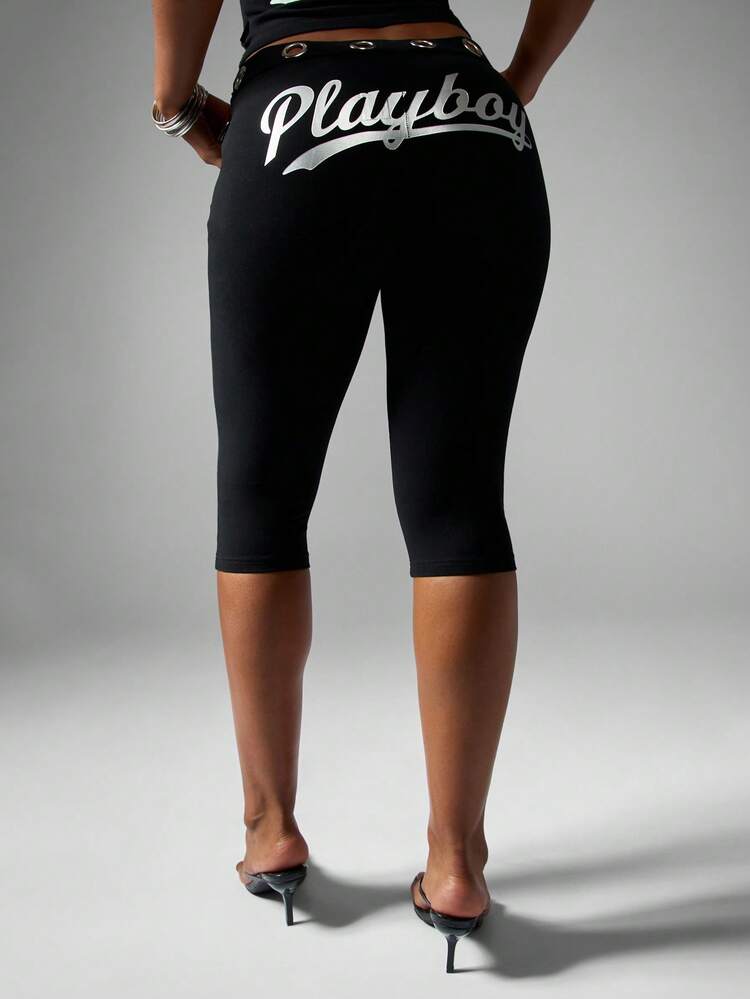 Missguided x Playboy メタルアイレットベルト付きカプリ丈レギンス