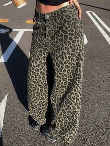 DAZY Women's Autumn Loose Fit Turtleneck Leopard Print Denim Pants Women Jeans