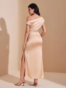 JIAN LASALA Vestido largo de satén de un solo hombro con drapeado en la cintura, vestido elegante de mujer para verano y otoño, vestido de noche, vestido de invitada de boda, colección de ropa de lujo y con estilo, vestido para fiesta de soltera, vestido de graduación - Camel - Ver 2