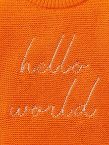 SHEIN 新生女婴万圣节橙色简约字母刺绣连体衣，柔软保暖针织连体衣 - 亮橙色 - 查看 6