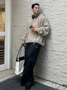 SWAVVY Men's Hooded Loose Drawstring Drop Shoulder Long Sleeve Casual Sweater, Autumn - Dark Grey - View 1