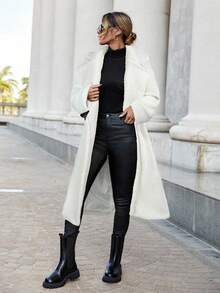 Siren Gaze 女士时尚纯色翻领长款泰迪羊毛夹克，秋冬 - 白色 - 查看 4