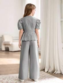 SHEIN 2件套女童泡泡袖斜扣百褶下摆上衣和直腿宽裤套装 - 灰色 - 查看 2