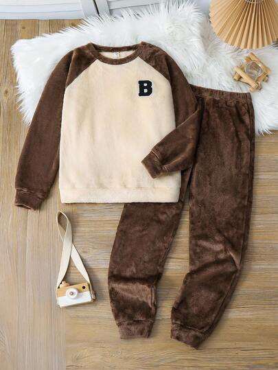 SHEIN 青少年男孩撞色拼布上衣和纯色保暖衬里裤子睡衣套装