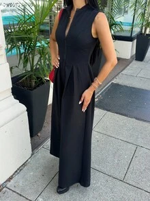 Carolina Barros 超宽腿拉链前无袖连体裤 - 黑色 - 查看 3
