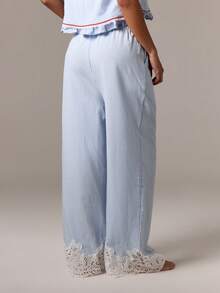 AiiRZ Women Striped Wide Leg Palazzo Pants Eyelet Lace Trim Summer Beach Holiday Lounge Wear Casual Bottoms With Ruffled Hem Detailing - Blue and White - View 2