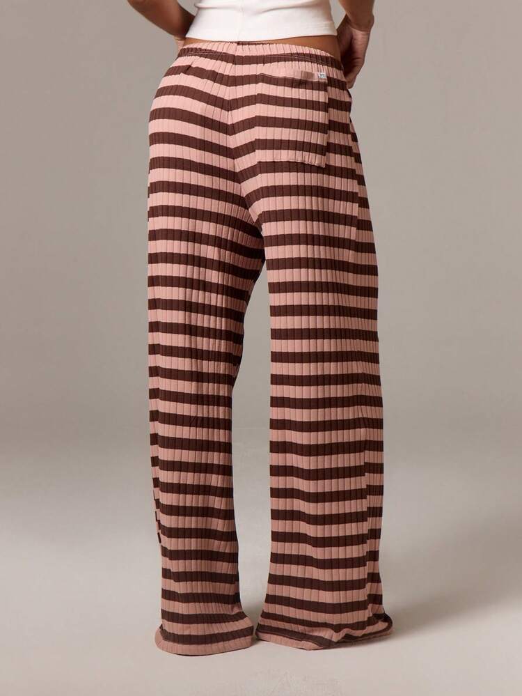 Wide Leg Ribbed Pants With Drawstring Waist