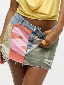 SUMWON WOMEN Slitstark Minijeanskjol Festival Y2K Estetisk Patchwork Cutoff Design Avslappnad Sommar Strand Rå Kant - Multifärgad - Visa 1