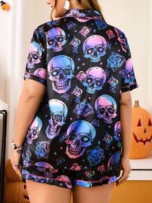 加大码缎面骷髅与玫瑰印花睡衣套装，万圣节哥特睡衣哥特睡衣加大码睡衣短套装哥特加大码骷髅睡衣女士加大码睡衣套装 - 彩色 - 查看 2