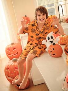 Halloween Tween Boy Spider Web Print Short Sleeve Lapel NeckSingle-Breasted Top And Shorts Pajama Set - Multicolor - View 1