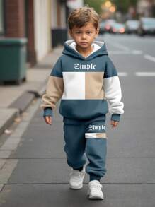 SHEIN 2件套年轻男孩休闲宽松拼色简约高级简约蓝灰色、卡其色、米色宽松长袖连帽衫套装