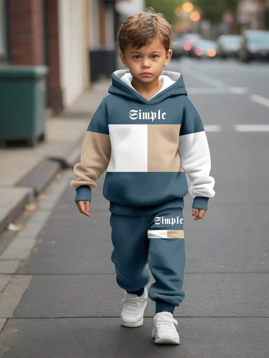 SHEIN 2件套年轻男孩休闲宽松拼色简约高级简约蓝灰色、卡其色、米色宽松长袖连帽衫套装