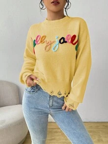 SHEIN Unity 女士圆领长袖彩色字母做旧休闲针织毛衣 - 淡黃色 - 查看 3