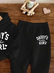 SHEIN 爸爸的小女孩❤女婴针织柔软连帽休闲宽松长袖运动衫和裤子两件套 - 黑色 - 查看 4