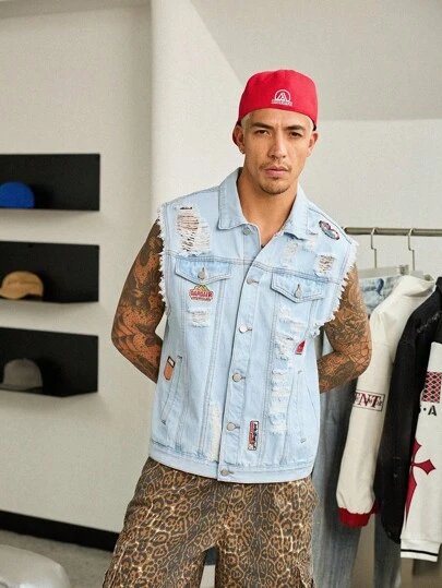 STEELVANCE 男士休闲破洞牛仔背心，带磨边，街头风格男士牛仔背心无袖牛仔夹克破洞牛仔背心 GenZ 水洗蓝色外出牛仔卡车司机夹克 GenZ 清爽棉质贴袋蓝色无袖外出牛仔卡车司机夹克