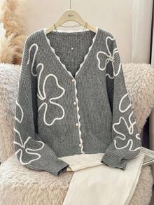 Modelyn Plus Size Floral Pattern Front Button Cardigan, Casual For Autumn/Winter - Grey - View 4