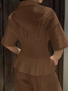 SHEIN EZwear 摩卡棕色女式梭织短袖衬衫 - 摩卡棕 - 查看 2
