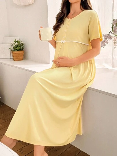Moonlight&Mama Casual Solid Color Round Neck Short Sleeve Maternity Dress Maternity Sleepwear Dress Pregnancy Sleepwear Nursing Nightgown Breastfeeding Maternity Nightgown