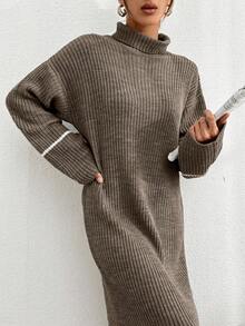 EURMUSE Women's Turtleneck Ribbed Contrast Color Long Sleeve Dress,Winter Dresses - Chocolate Brown - View 3