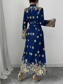 Chiquease Printed Stand Collar Long Sleeve Elegant Casual Long Dress For Women Maxi Women Outfit Fall Cloth For Women