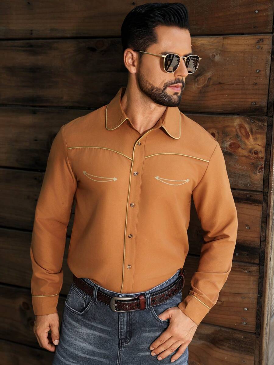 Manfinity Nomadique 男士撞色单排扣长袖休闲橙色衬衫男士西部衬衫焦橙色男士衬衫牛仔衬衫纽扣式西部衬衫 - 卡其色 - 查看 1