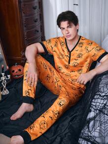 CoupledUp Halloween Funny Pumpkin Print V-Neck Contrast Color Block Men Casual Sleepwear Set - Orange - View 4