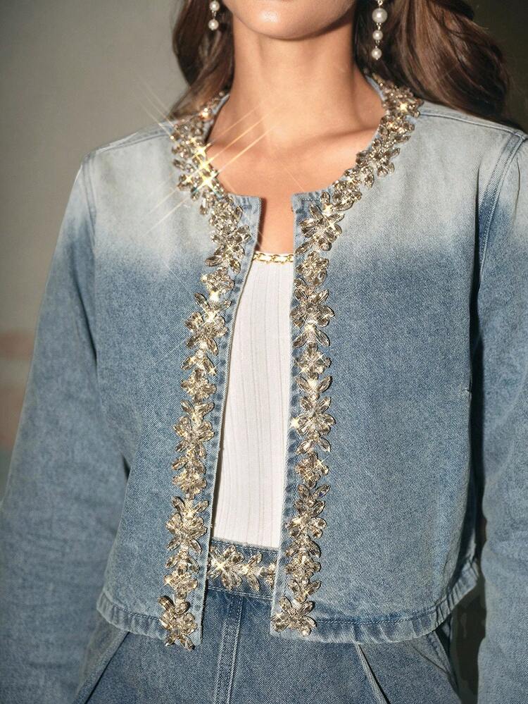 Veste en jean bleu ajustée de luxe ornée de diamants, faite à la main pour femmes