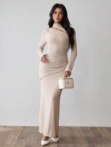 Chiquease Women's Elegant Ruched Waist Side Slit Long Sleeve Bodycon Dress, Autumn/Winter Fall Cloth For Women - Khaki - View 3