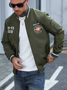 Manfinity Homme 男士长袖秋季字母印花拉链休闲飞行员夹克 橄榄绿 - 軍綠色 - 查看 4