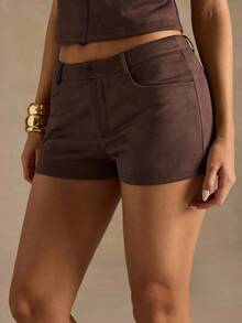 SHEIN BAE Quần short bó cạp thấp màu trơn dành cho nữ - Cà phê nâu - Xem 3