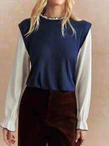 Écloséra 新款秋季复古返校节荷叶边二合一拼接百搭宽松女士上衣女装外出上衣秋季 - 彩色 - 查看 5