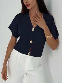 Aloruh New Minimalist Fashion Commuter Deep V-Neck Short Sleeve Thin Double-Button Cinched Waist Fitted Casual Cardigan,Fall - Navy Blue - View 3