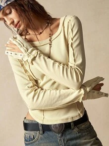 Bohemela 秋冬波西米亚风奶油黄色休闲纯色针织圆领长袖修身女式T恤 - 黃色 - 查看 5