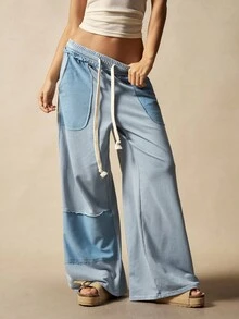 Bohemela Quần nỉ ống rộng dệt kim trơn màu phong cách BOHO dành cho nữ - Màu xanh nhạt - Xem 3