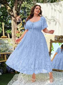 Lyrianda Plus Size Spring/Summer Women's Round Neck Vintage Romantic Elegant Resort Beach Backless Ruffles Sleeves A-Line Layered Dress - Blue - View 3
