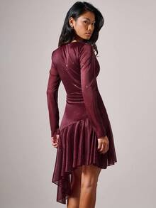 COSMINA Women's Elegant Metallic Shiny Surplice Neck Ruched Asymmetric Hem Bodycon Mini Dress, Spring/Autumn - Burgundy - View 2