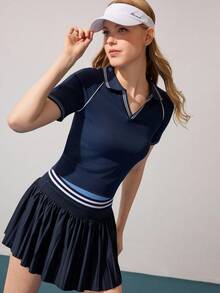 CourtClass 女式夏季撞色条纹短袖修身运动 Polo 衫 - 藏蓝色 - 查看 5